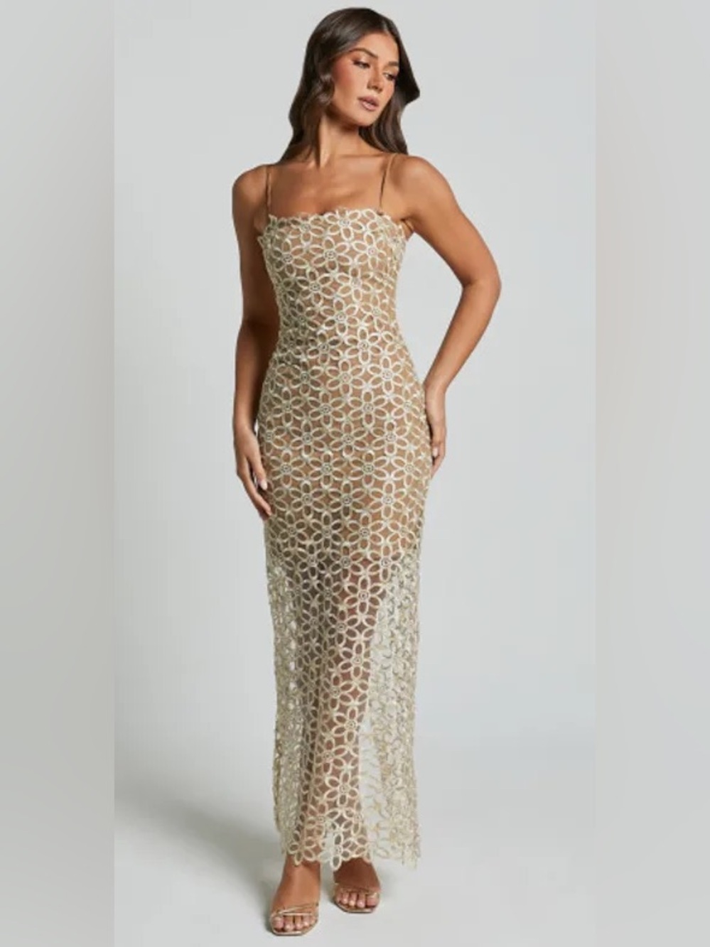 Showpo Ruth Midi Dress Natural Floral Lace Strappy Slip Dress US 10 NWT